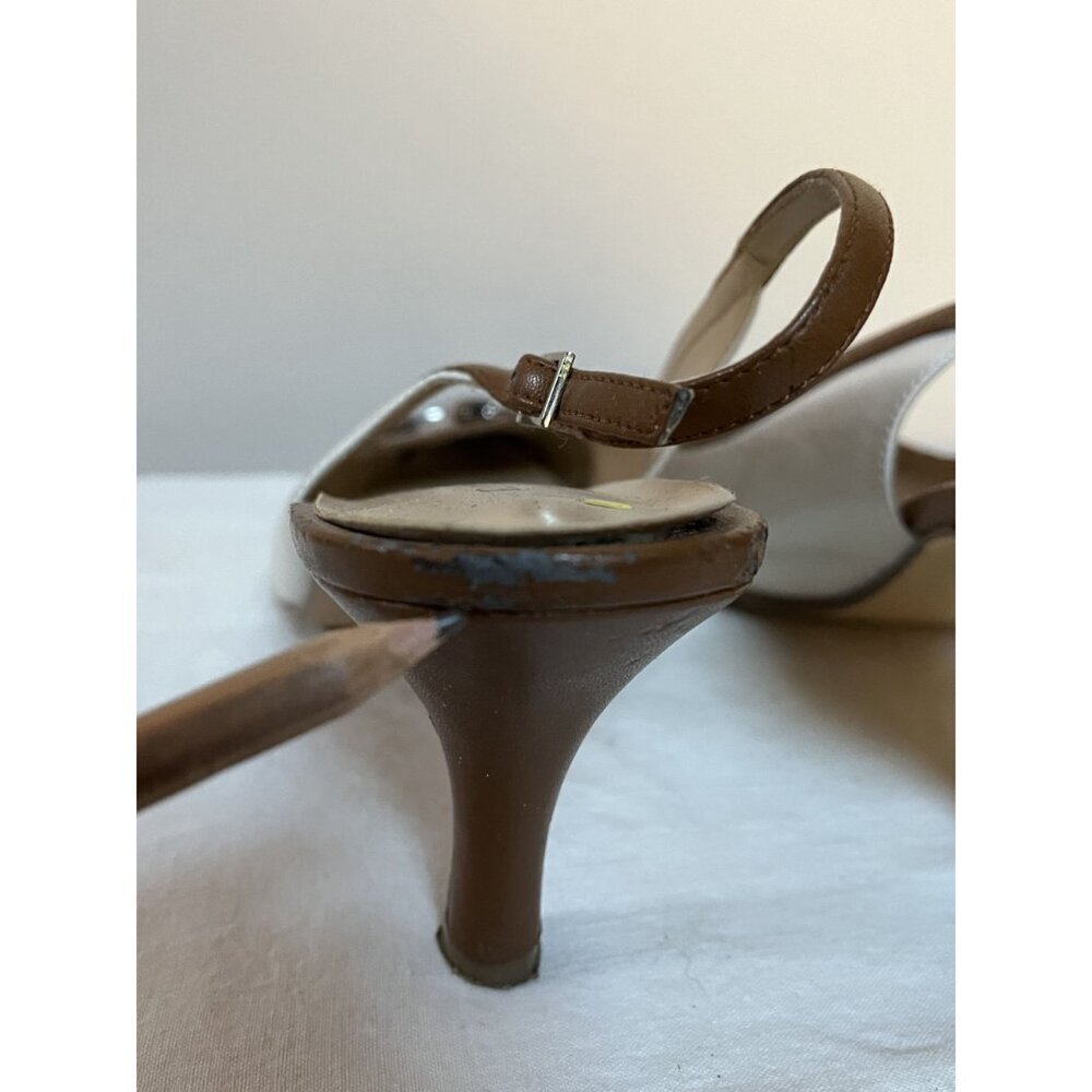 Y2K Vintage Leather Slingback Kitten Heel Spectator Pumps Cap Toe Brown White - Picture 9 of 11